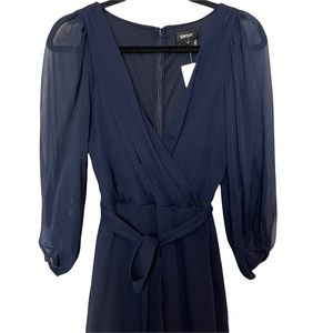 DKNY Black Balloon 3/4 Sleeves Surplice Neck Midi Chiffon Dress Size 10